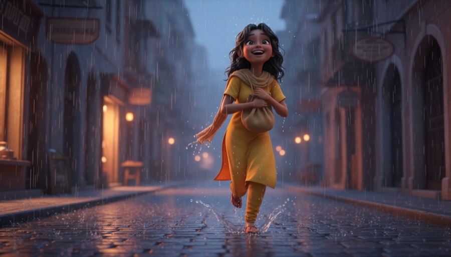 A girl in a yellow dress runs through a rain-soaked street at dusk