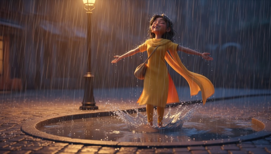 The same girl spins with her arms open in the rain under a street lamp