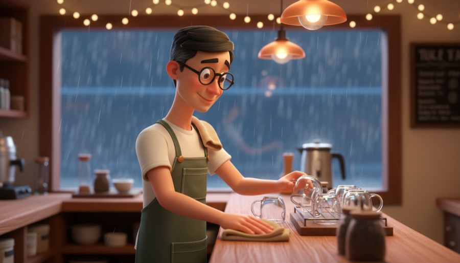 A shopkeeper in an apron wipes down the counter of a warm tea shop